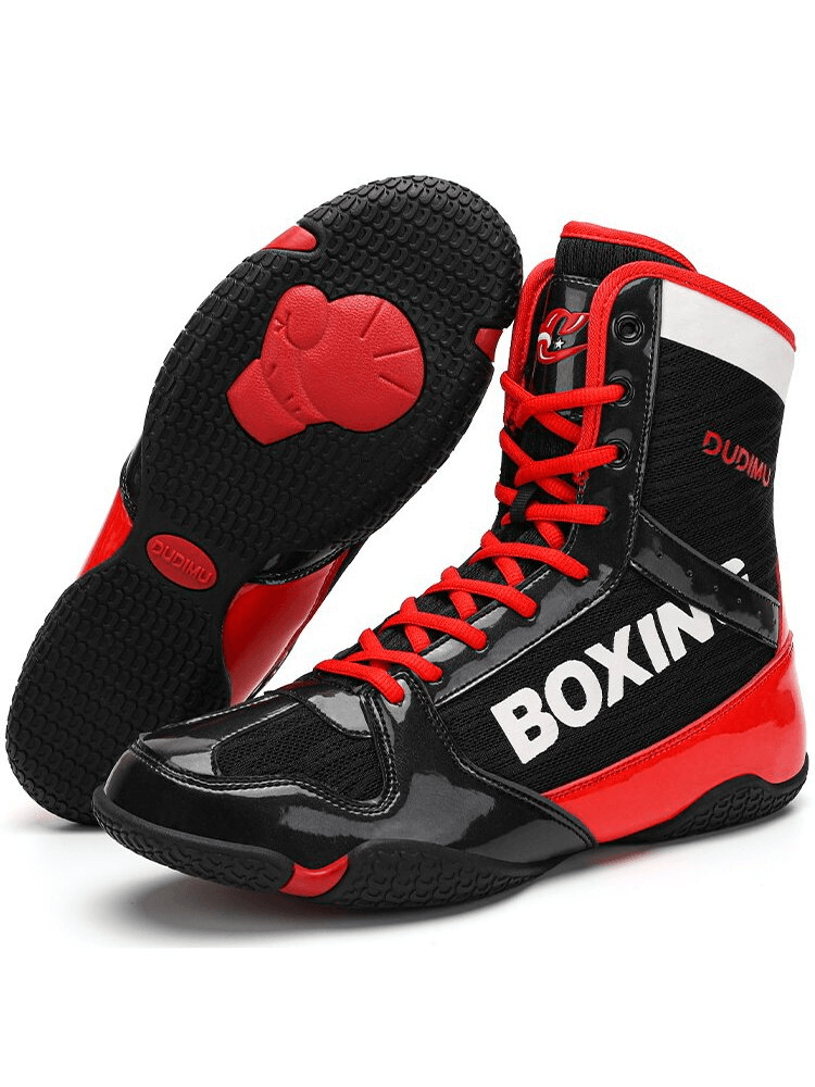 Black and red unisex wrestling sneakers with anti-slip soles, perfect for grip and flexibility in the ring.